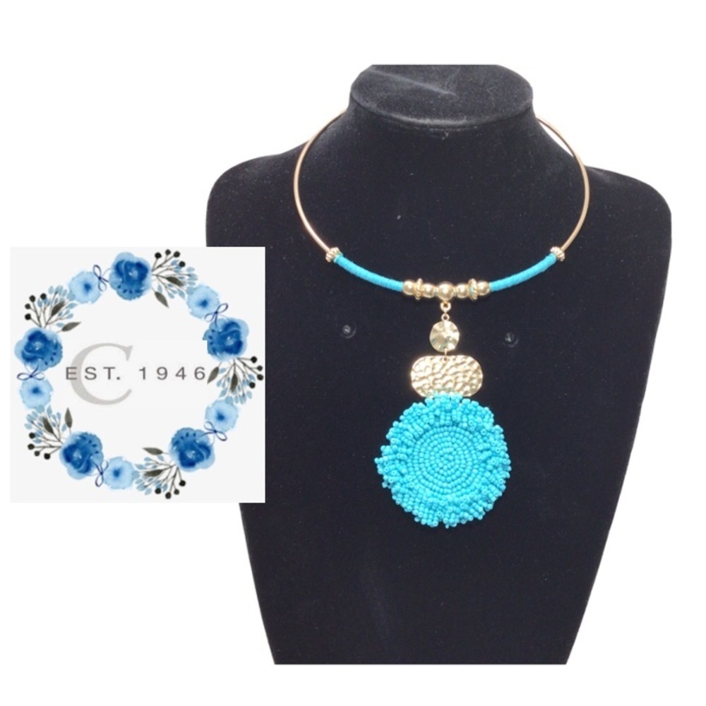 Est 1946 Bluefish Turquoise Blue Beaded Wire Choker Statement Necklace #C1